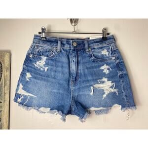 American Eagle Mom Jean Shorts Blue Distressed Ripped Frayed Raw Hem Sz 2/26